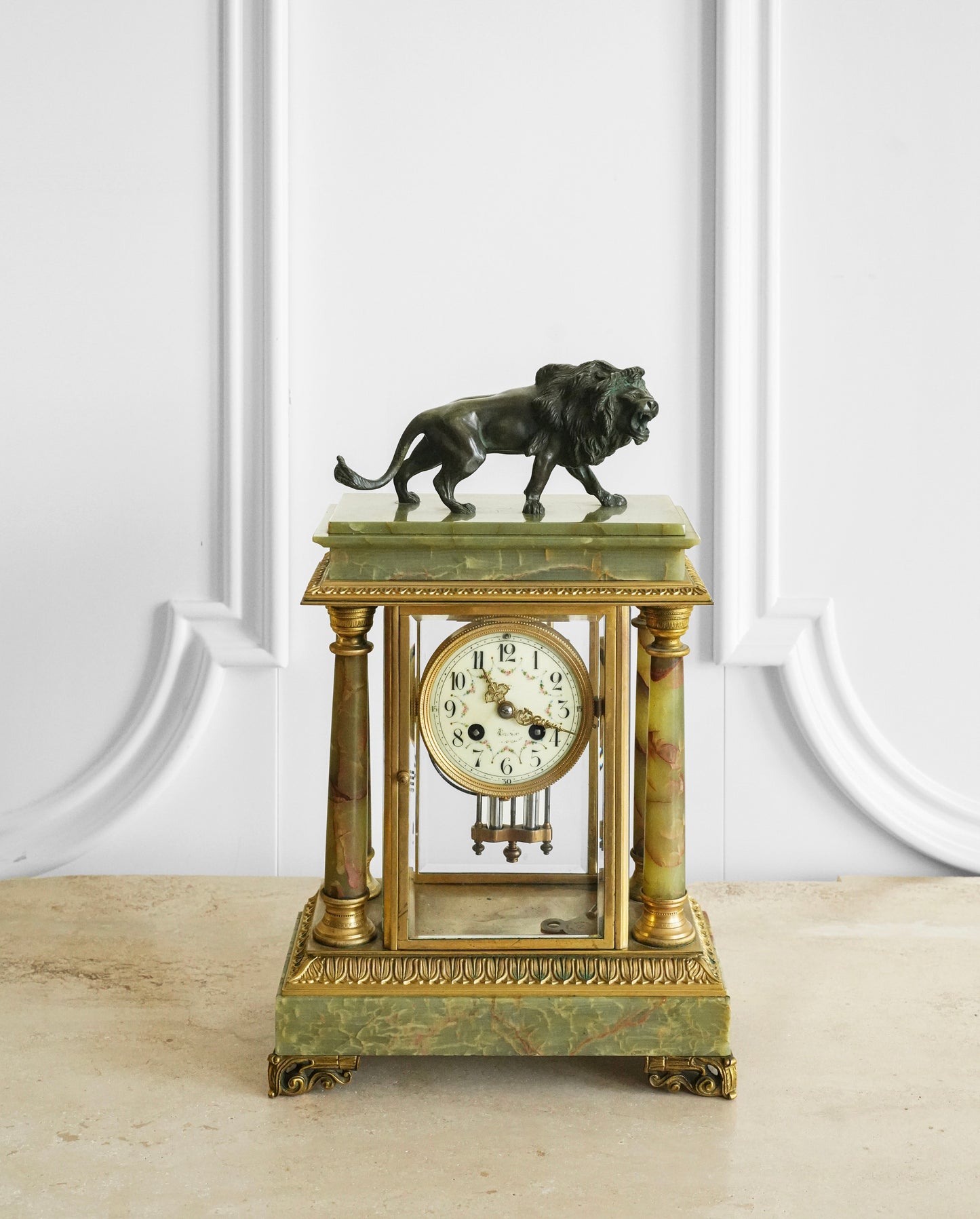 Gilded Agate and Bronze Lion Mantel Clock Set of Three
