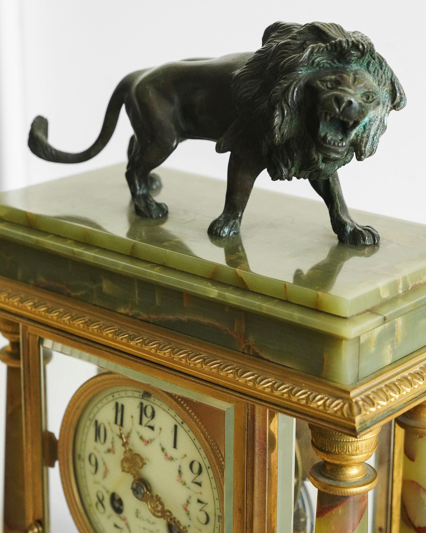 Gilded Agate and Bronze Lion Mantel Clock Set of Three