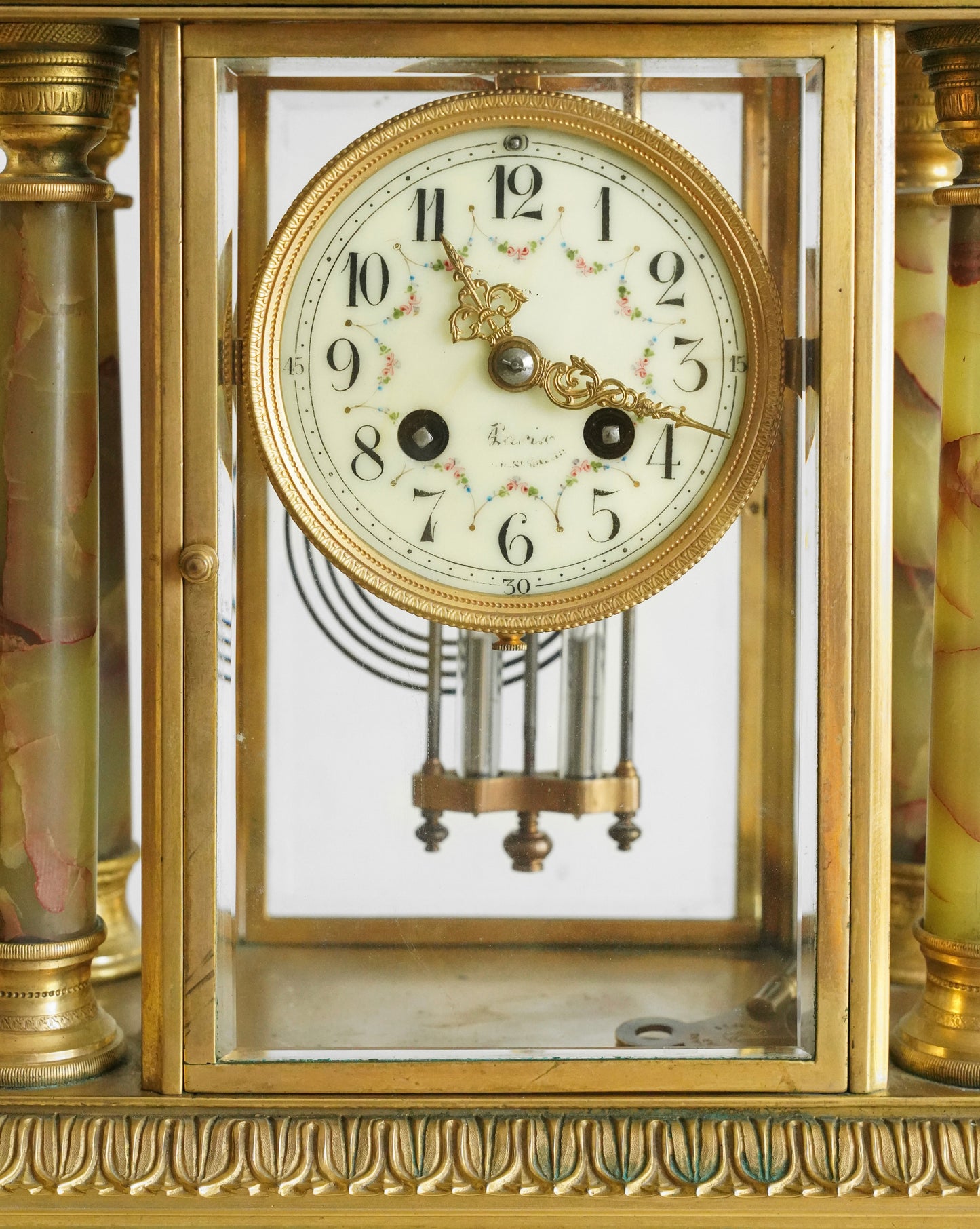 Gilded Agate and Bronze Lion Mantel Clock Set of Three