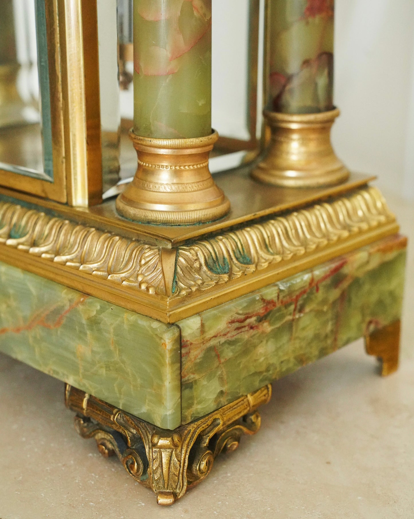Gilded Agate and Bronze Lion Mantel Clock Set of Three
