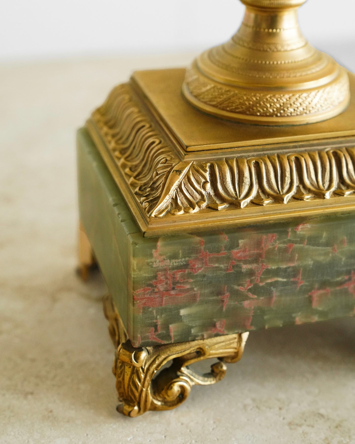 Gilded Agate and Bronze Lion Mantel Clock Set of Three