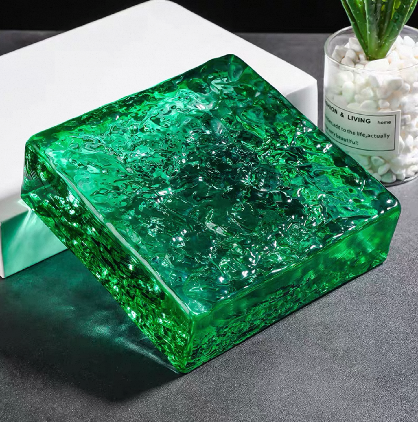 Ice Crystal Emerald green square glass brick with glacial texture by MIOLISM