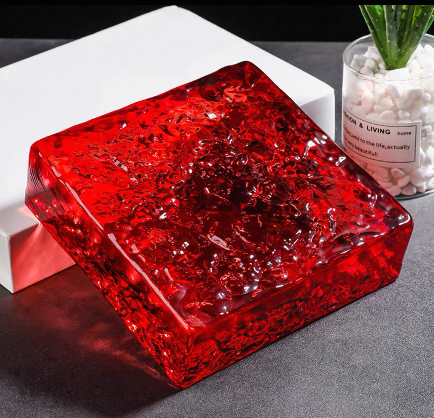 Ice Crystal Crimson Flare red glass brick with sculpted glacial texture by MIOLISM