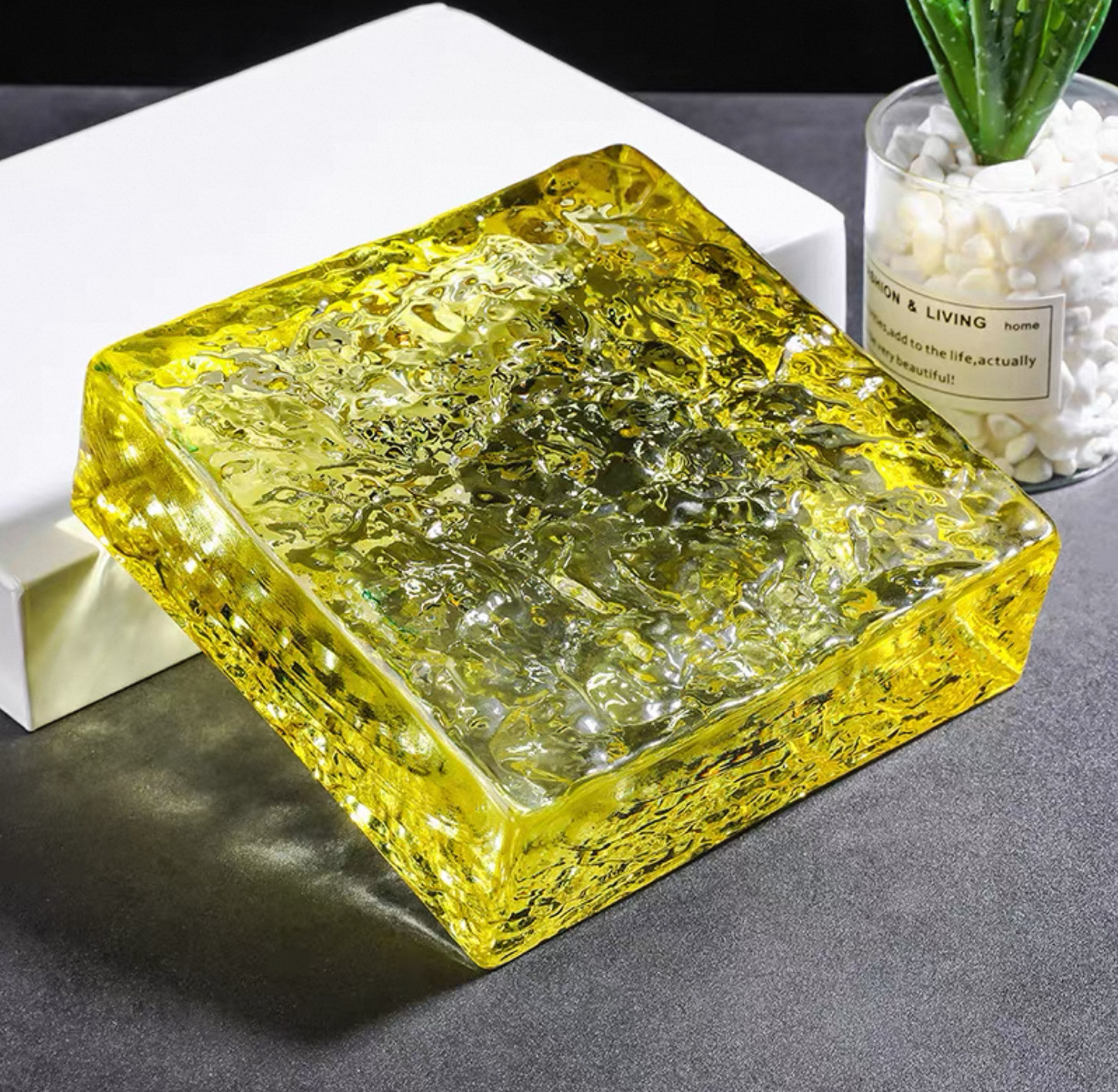 Ice Crystal Citrine Glow yellow glass brick with luminous textured surface by MIOLISM