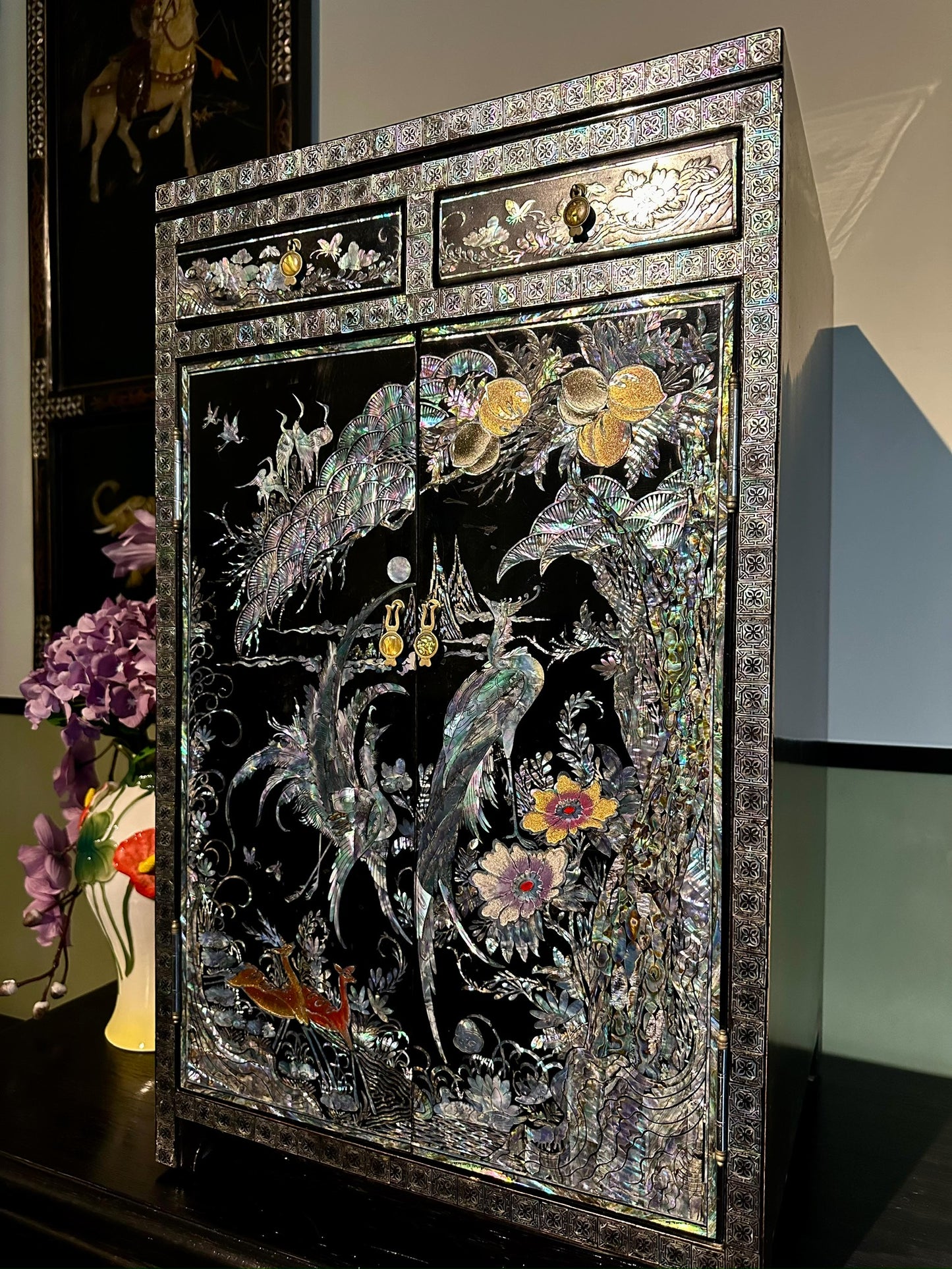 Mid-20th Century Eastern-Style Lacquered Inlaid Cabinet