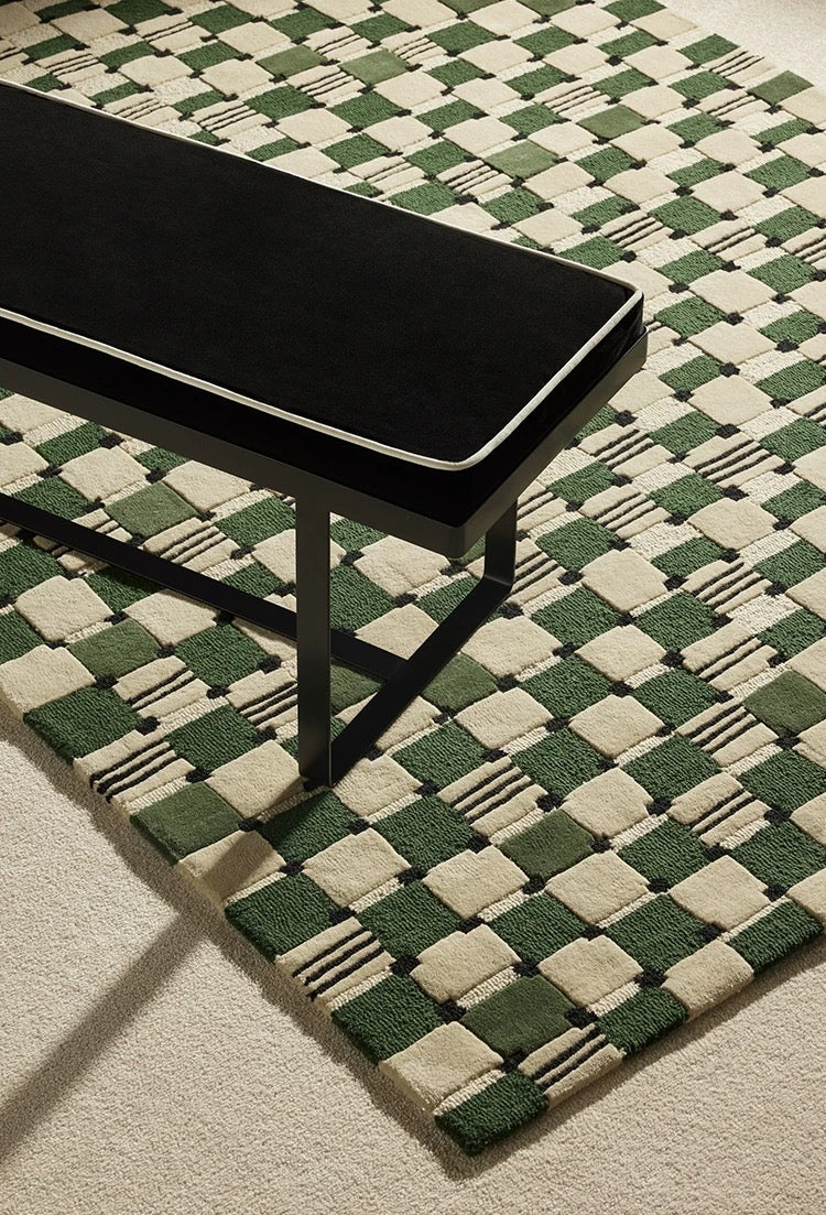 Grid Echo Handwoven Rug – Forest Green