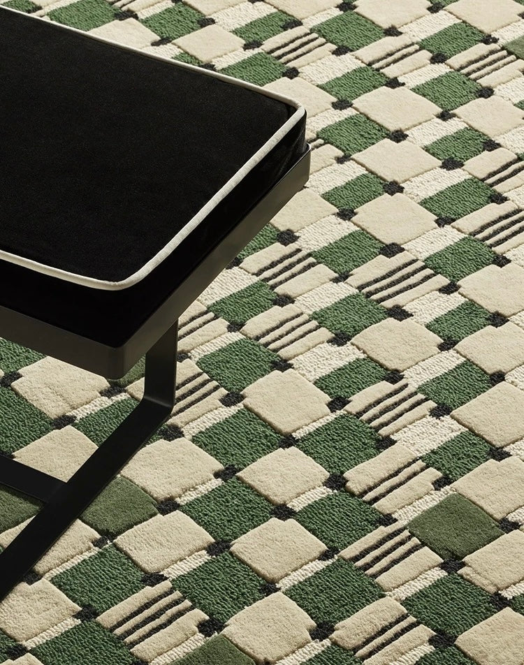 Grid Echo Handwoven Rug – Forest Green