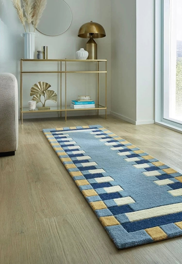 Bauhaus Border Handwoven Rug – Morandi Blue