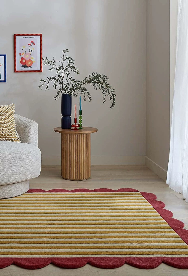Candystripe Scallop Handwoven Rug – Raspberry & Mustard
