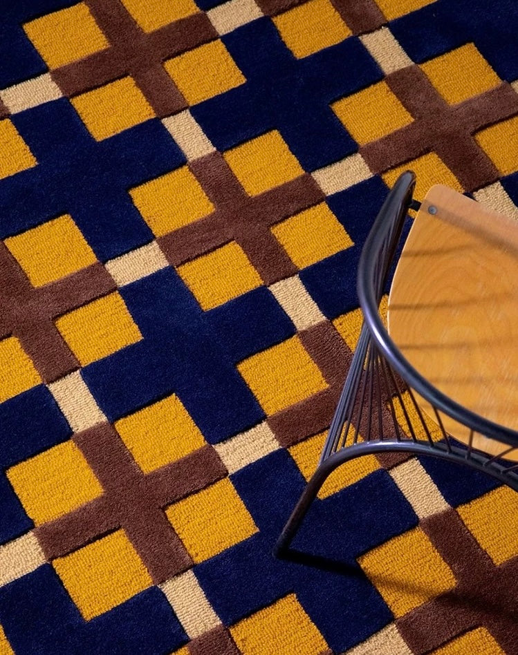 Gridplay Handwoven Rug – Amber Gold & Cobalt