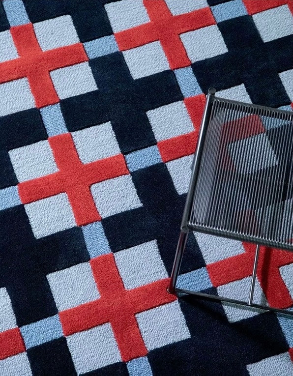 Gridplay Handwoven Rug – Brick Red & Morandi Blue