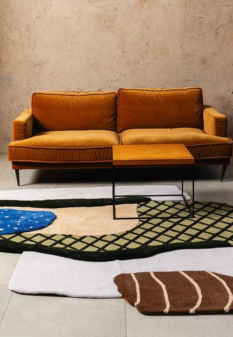 Contour Collage Handwoven Rug – Olive, Beige & Cobalt Blue