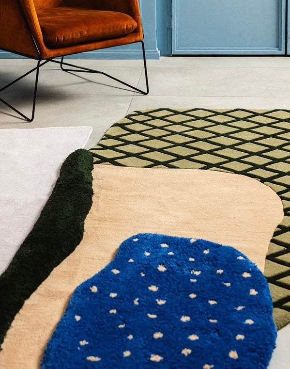 Contour Collage Handwoven Rug – Olive, Beige & Cobalt Blue