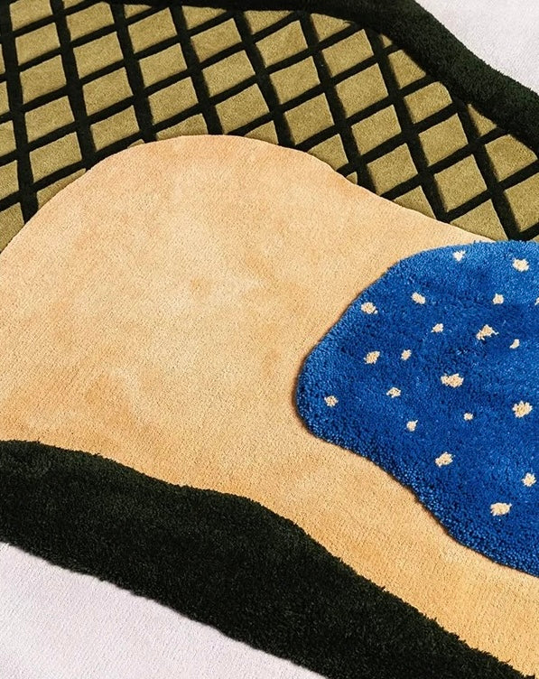 Contour Collage Handwoven Rug – Olive, Beige & Cobalt Blue