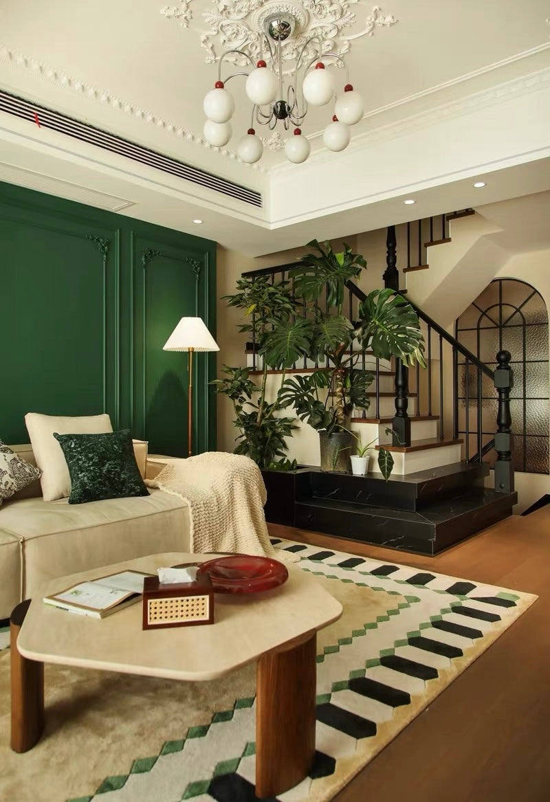 Deco Frame Handwoven Rug – Sand Beige & Emerald Green