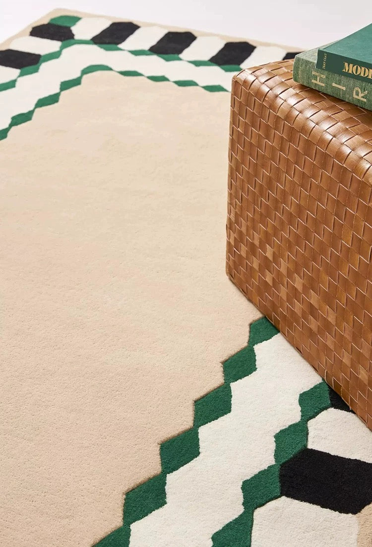 Deco Frame Handwoven Rug – Sand Beige & Emerald Green