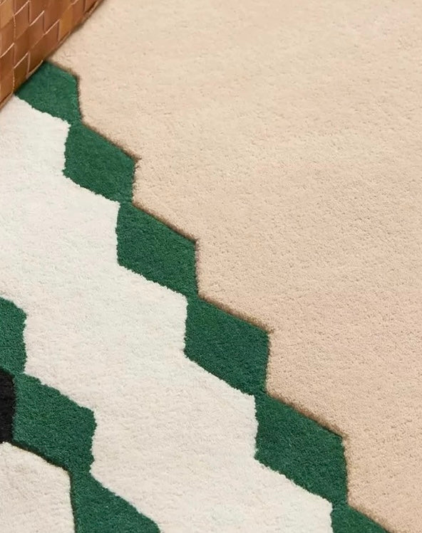 Deco Frame Handwoven Rug – Sand Beige & Emerald Green