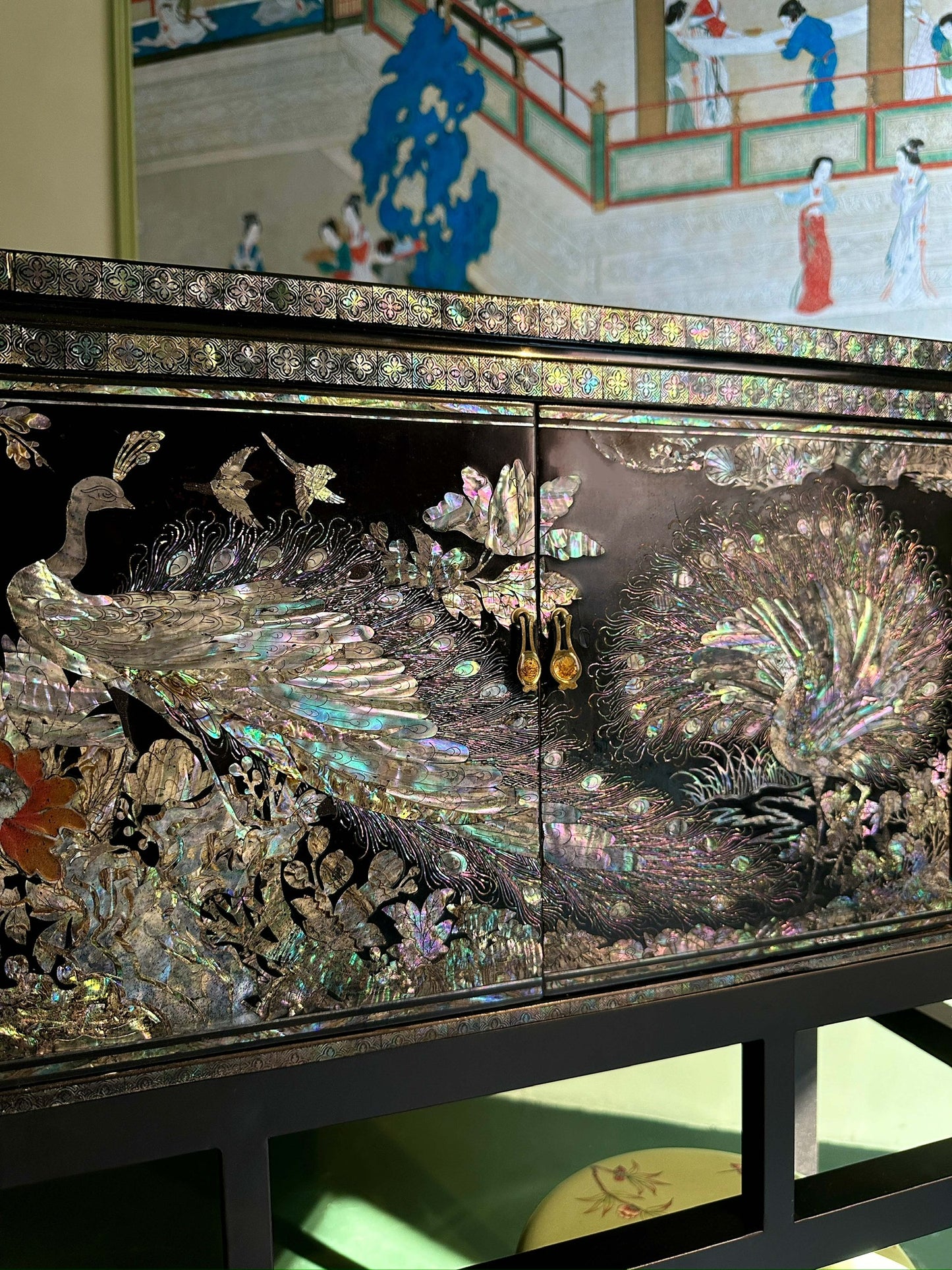 Peacock Among Blossoms – Mid-20th Century Chinese Lacquer Cabinet