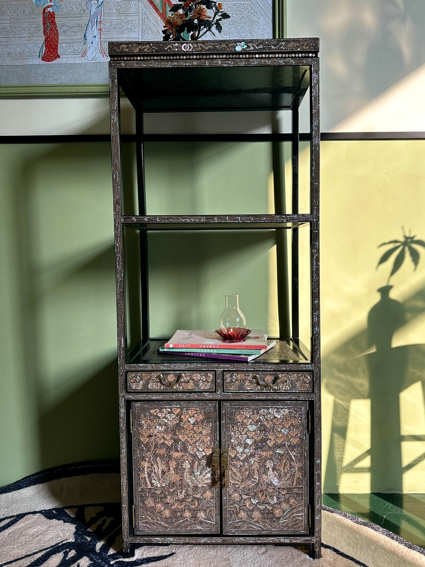 Mid-20th Century Oriental Style Pink Mother-of-Pearl Lacquered Cabinet