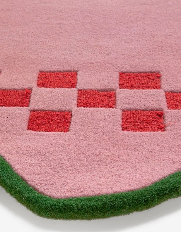 Checker Scallop Handwoven Rug – Pink, Red & Green