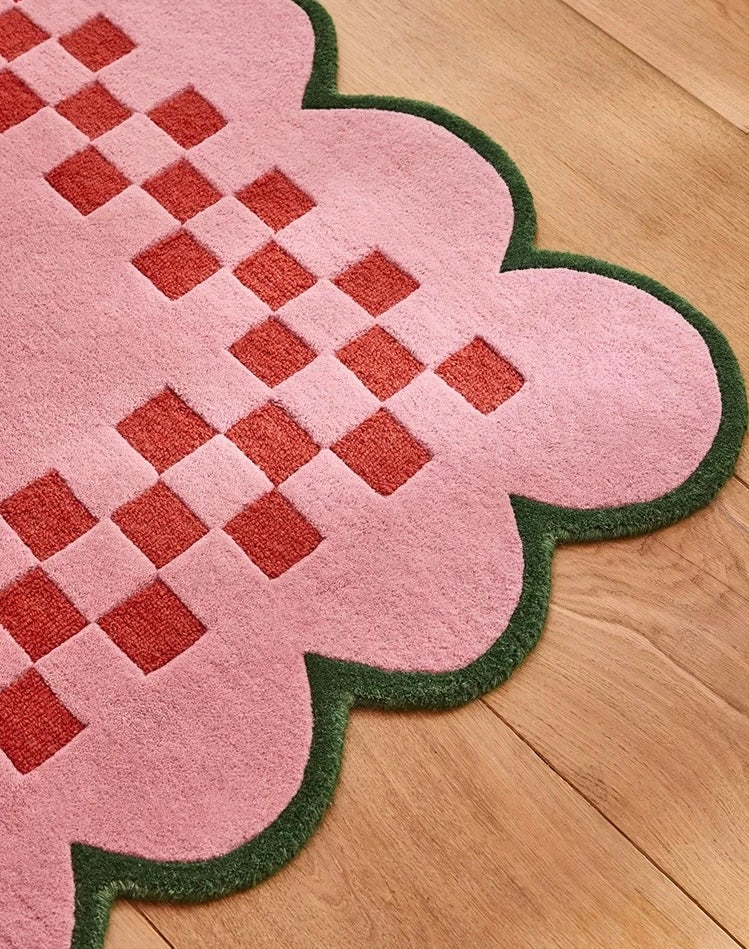 Checker Scallop Handwoven Rug – Pink, Red & Green