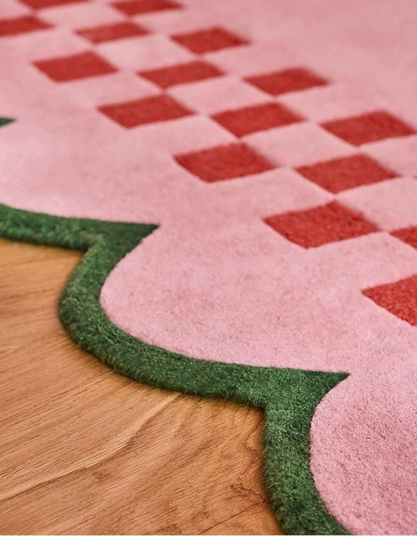 Checker Scallop Handwoven Rug – Pink, Red & Green