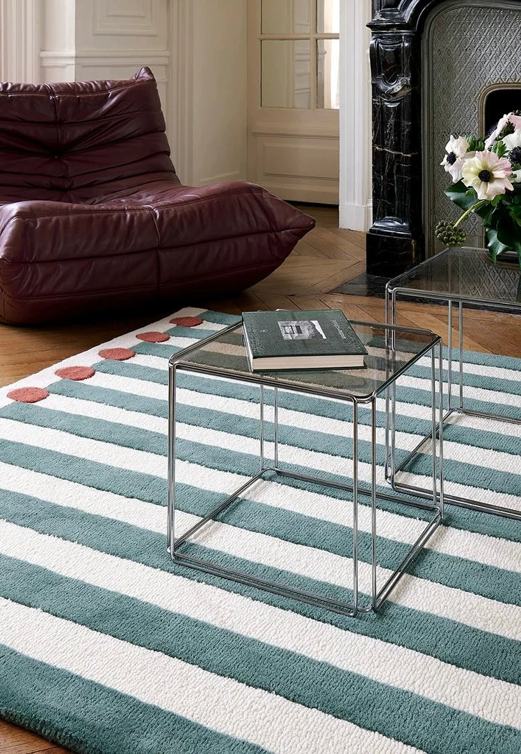 Polka Stripe Handwoven Rug – Teal, Ivory & Deep Ink Green