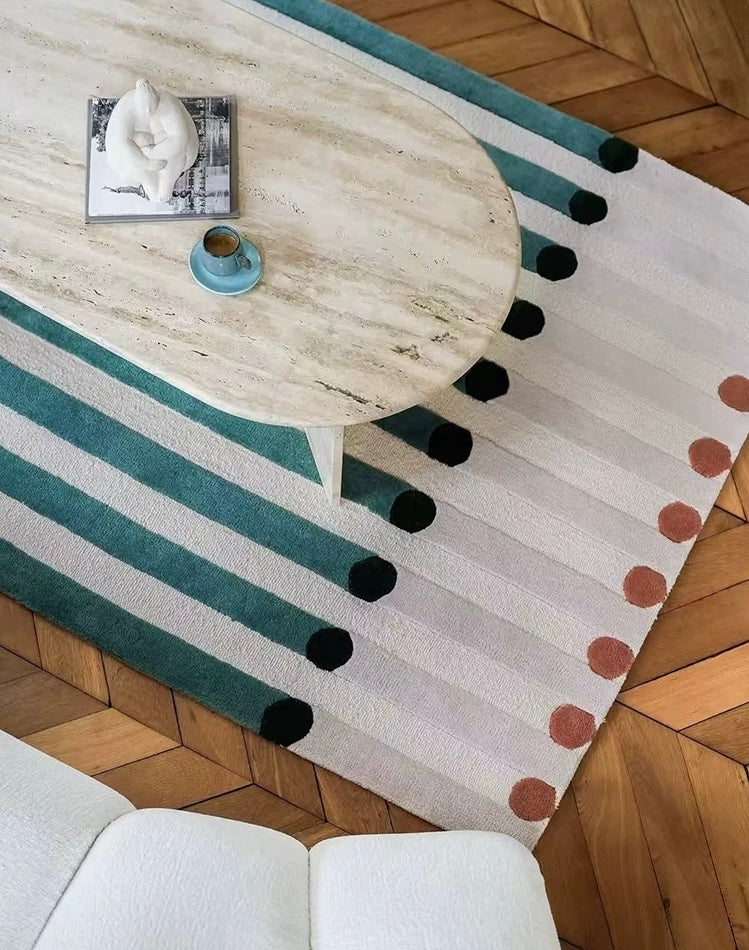 Polka Stripe Handwoven Rug – Teal, Ivory & Deep Ink Green