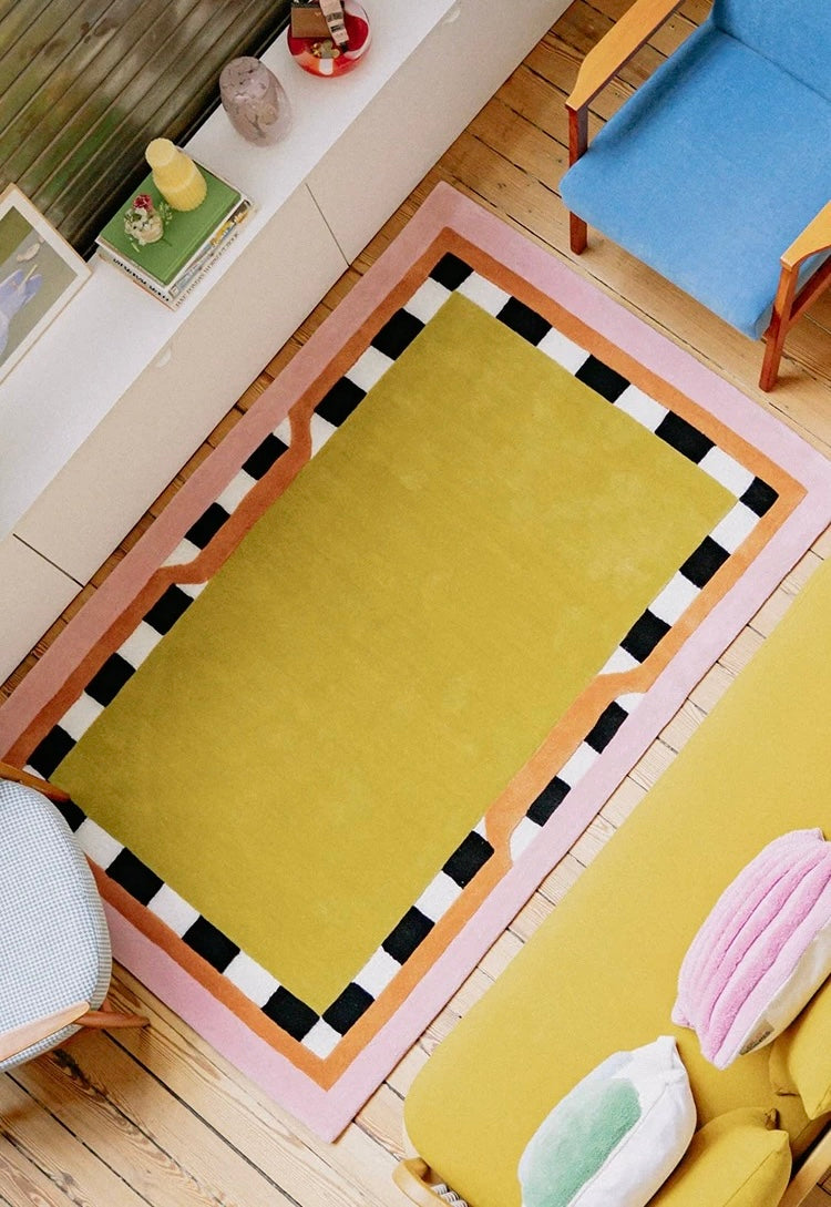 Checkerboard Frame Handwoven Rug – Mustard & Pink