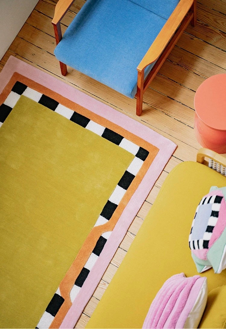 Checkerboard Frame Handwoven Rug – Mustard & Pink