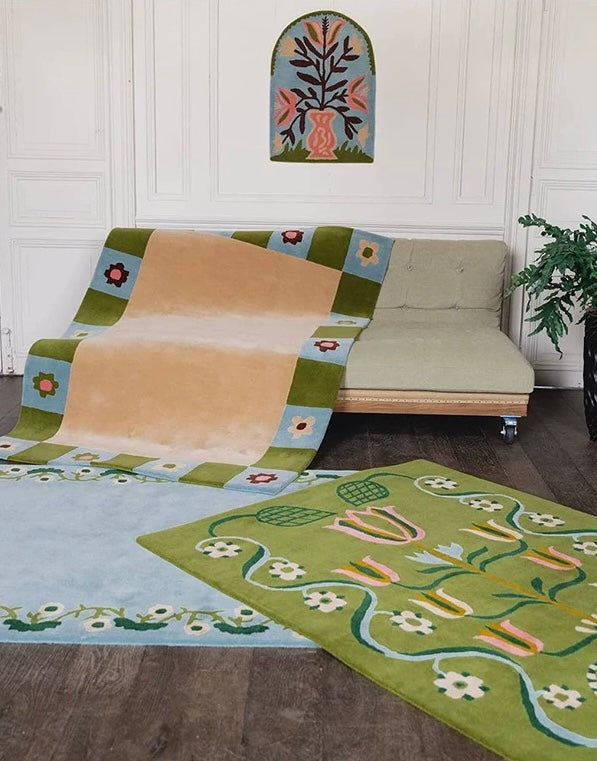 Botanical Garden Green Handwoven Rug – Floral Pattern