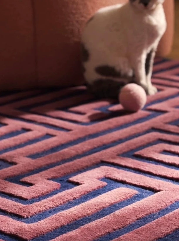 Maze Path Handwoven Rug – Rose Pink & Deep Navy