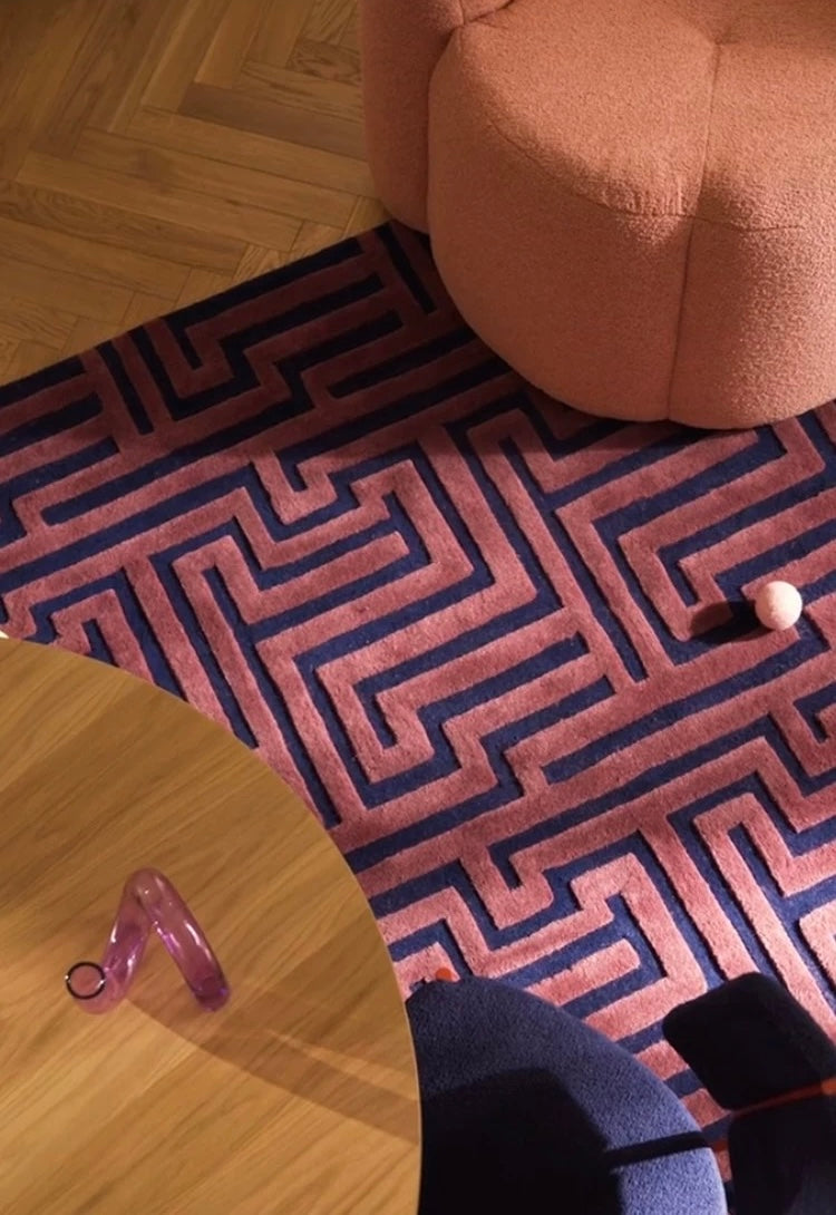 Maze Path Handwoven Rug – Rose Pink & Deep Navy