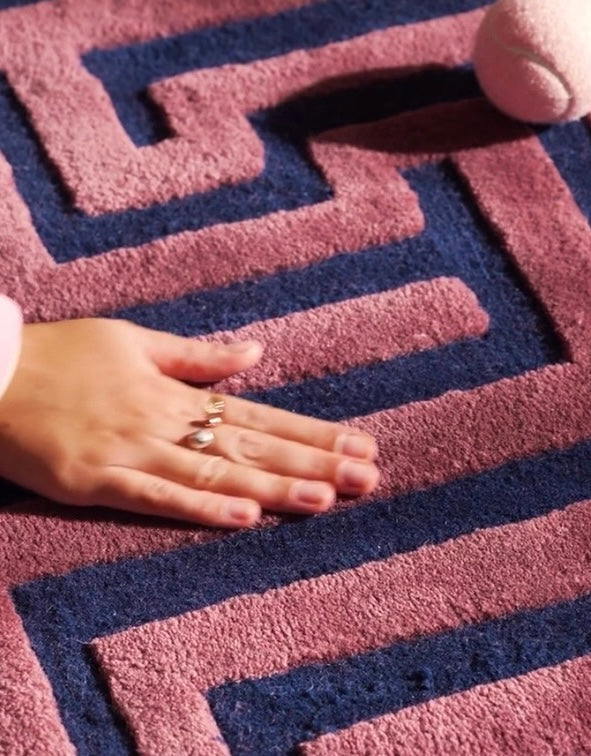 Maze Path Handwoven Rug – Rose Pink & Deep Navy
