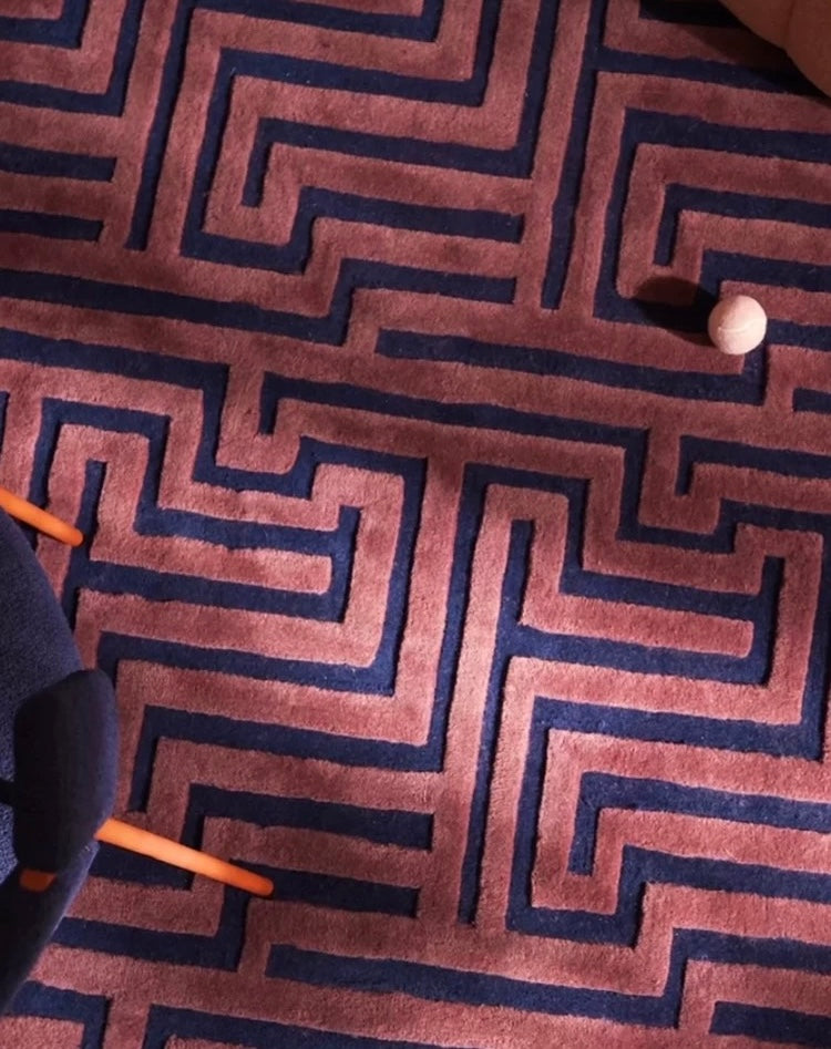 Maze Path Handwoven Rug – Rose Pink & Deep Navy