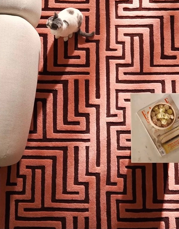 Maze Path Handwoven Rug – Coral Pink & Chocolate Brown