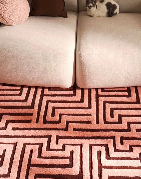 Maze Path Handwoven Rug – Coral Pink & Chocolate Brown