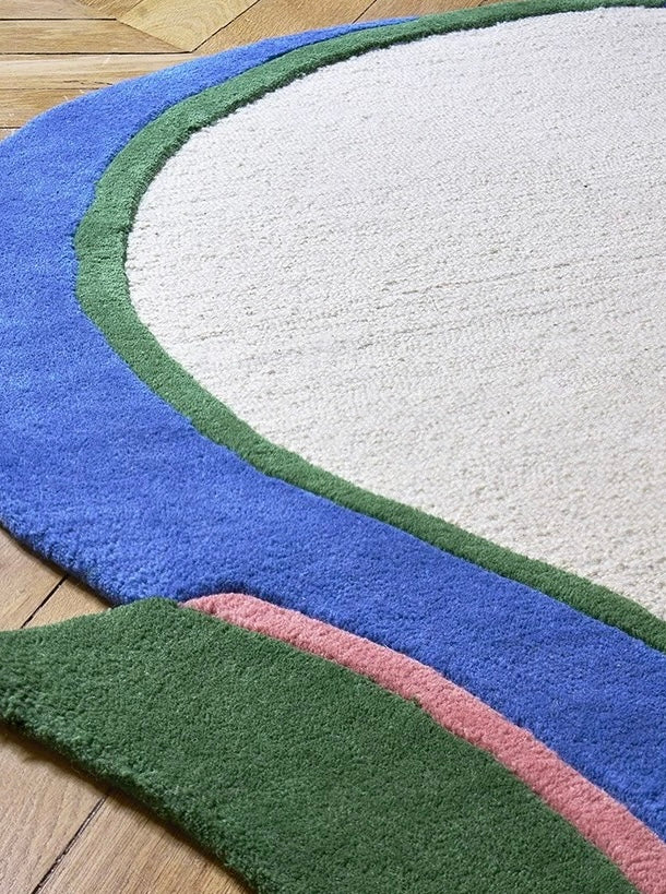 Framework Lines Handwoven Rug – Cream, Moss & Azure