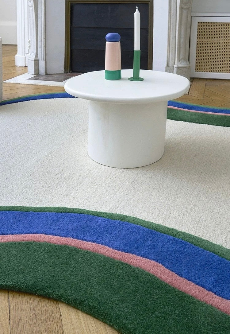 Framework Lines Handwoven Rug – Cream, Moss & Azure