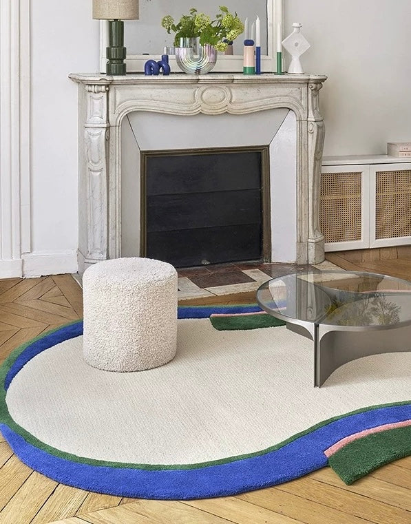 Framework Lines Handwoven Rug – Cream, Moss & Azure