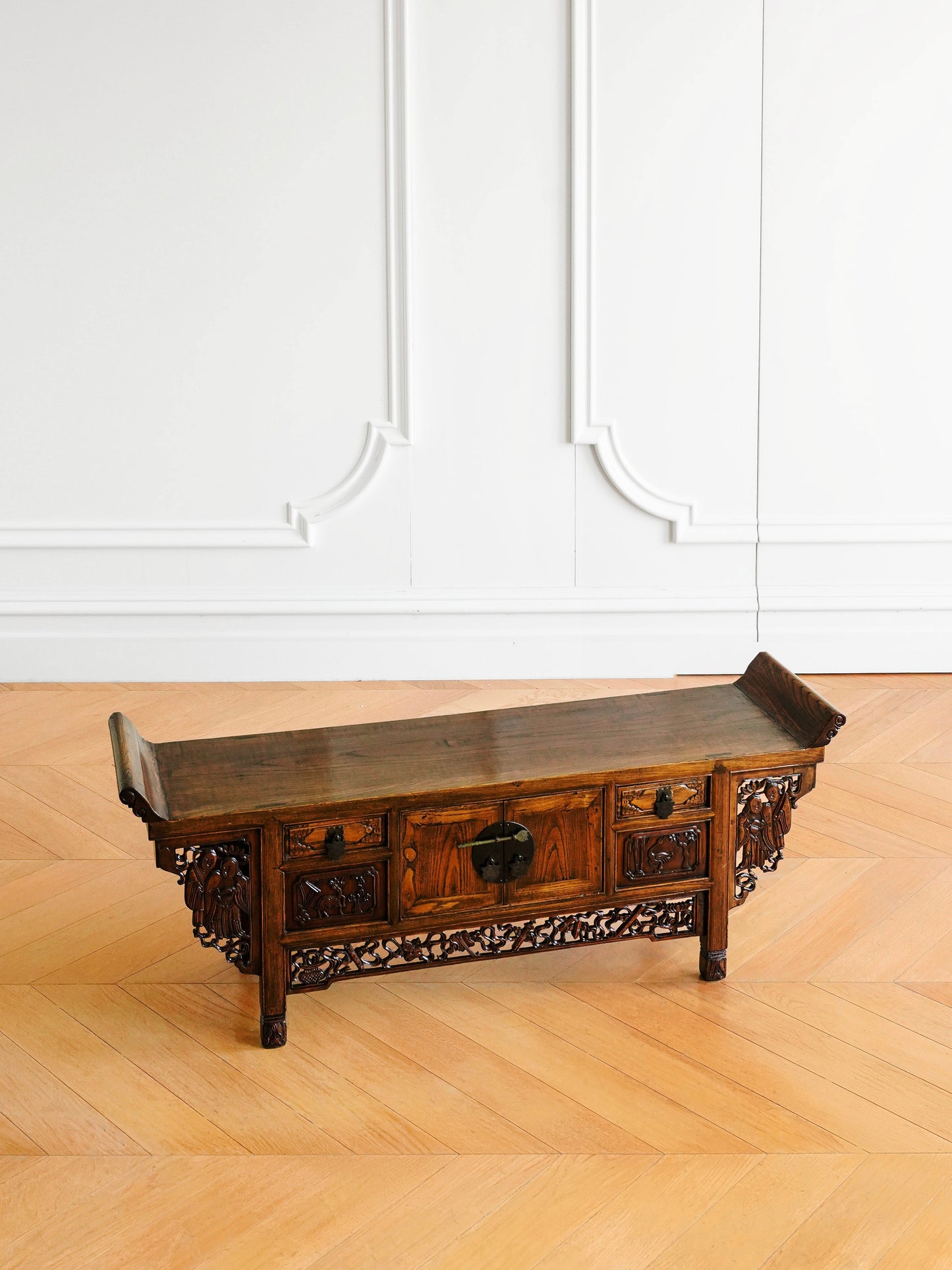 Chinese 20th Century Elmwood Carved Low Cabinet