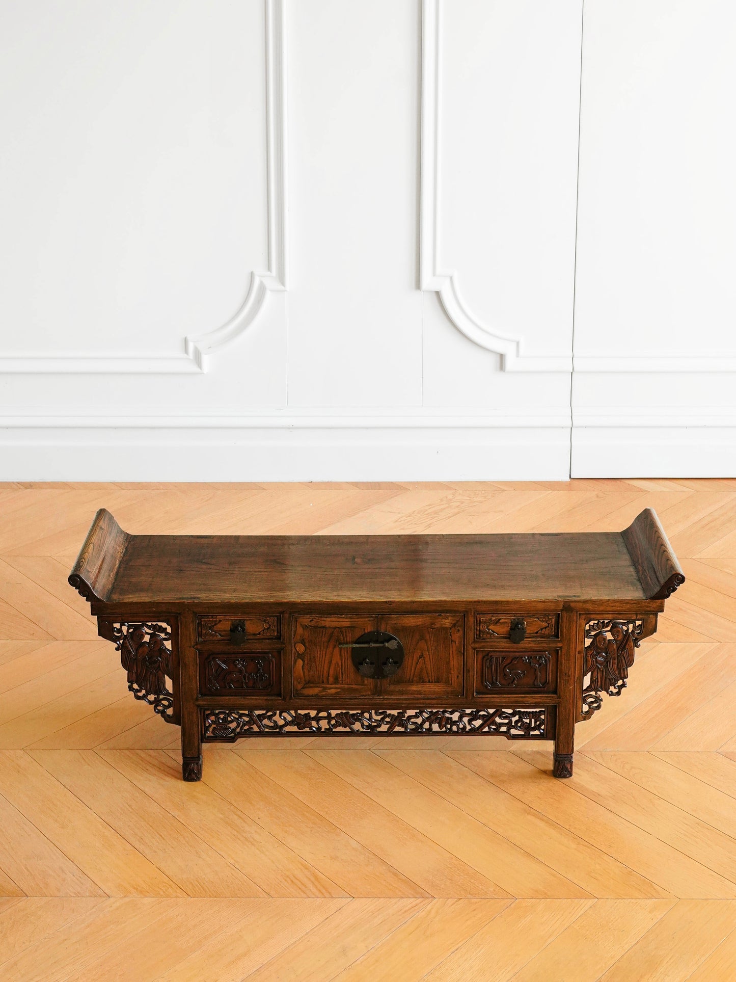 Chinese 20th Century Elmwood Carved Low Cabinet