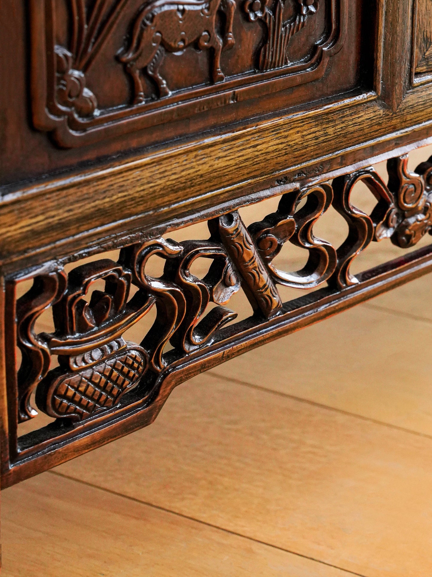 Chinese 20th Century Elmwood Carved Low Cabinet