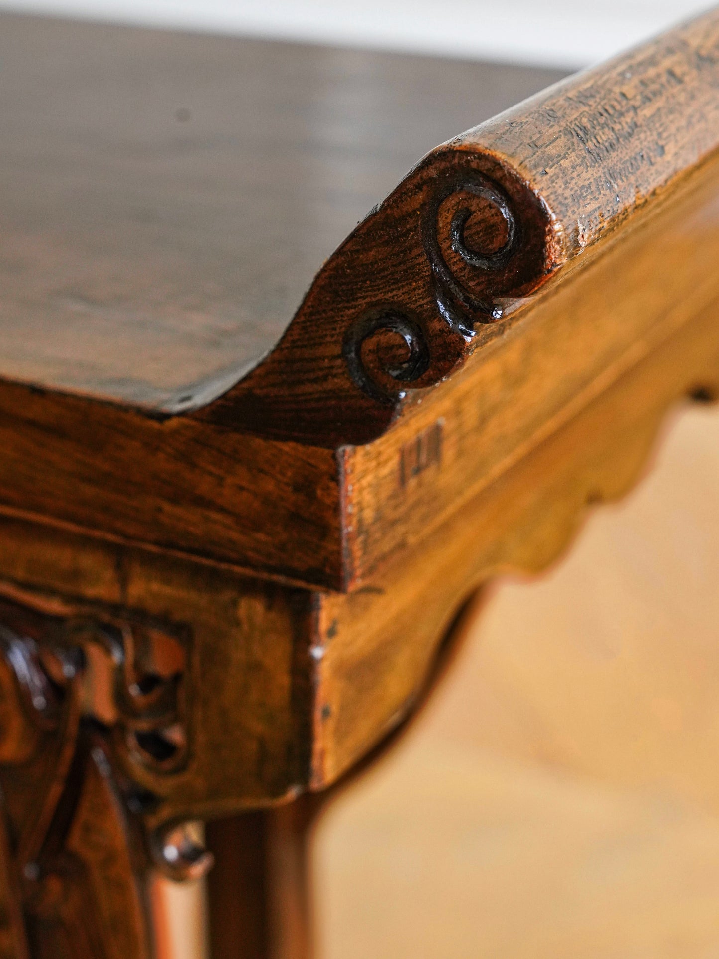 Chinese 20th Century Elmwood Carved Low Cabinet