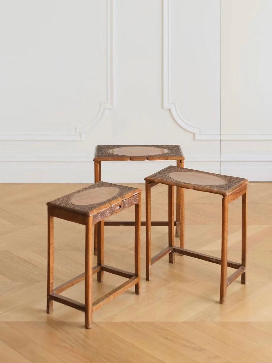 Wood Carving Craft Nesting Table Three Piece Set