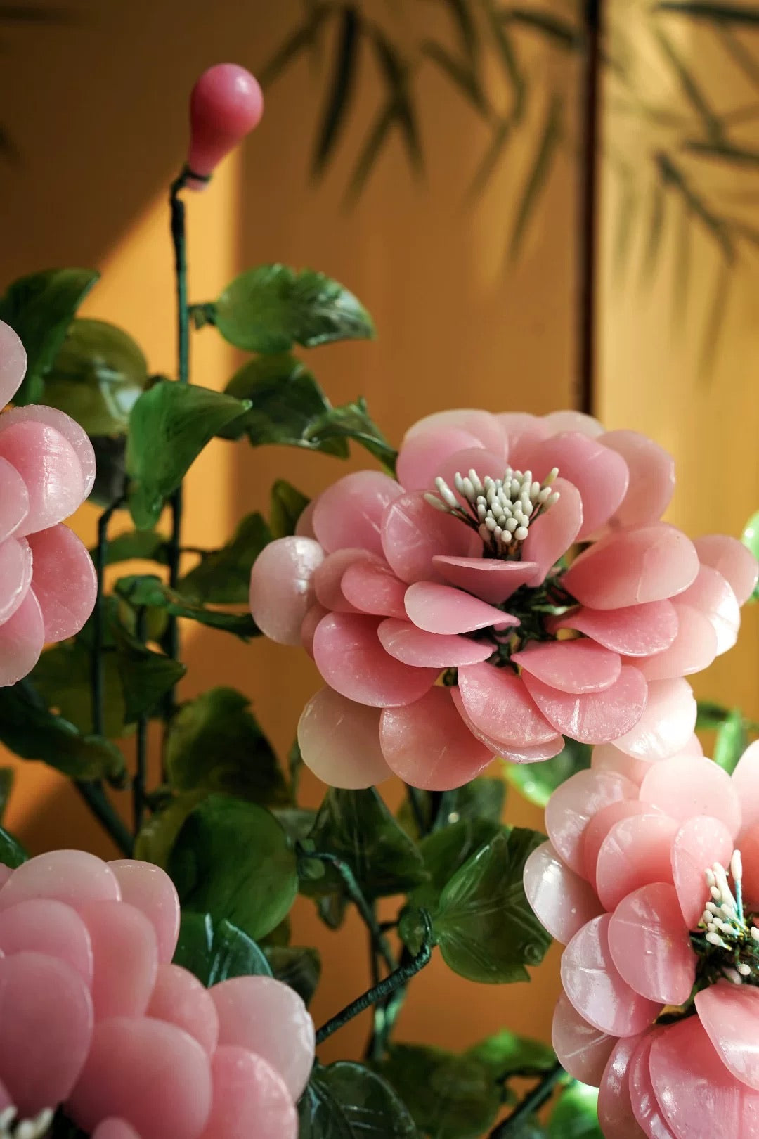 Lampwork Glass Peony Bonsai Scene “Jade-Faced Peach Blossom”