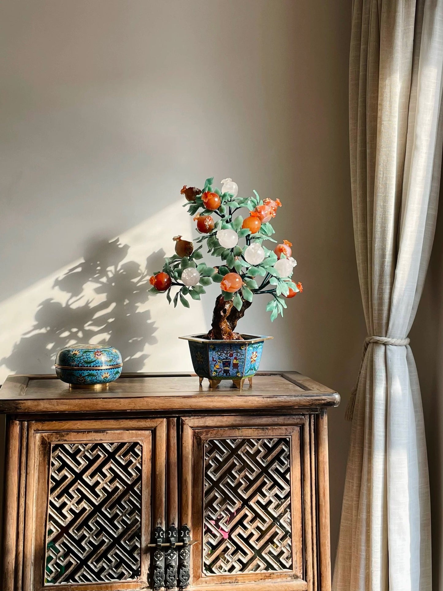 Hetian White Jade Pomegranate Cloisonné Flower Arrangement Bonsai