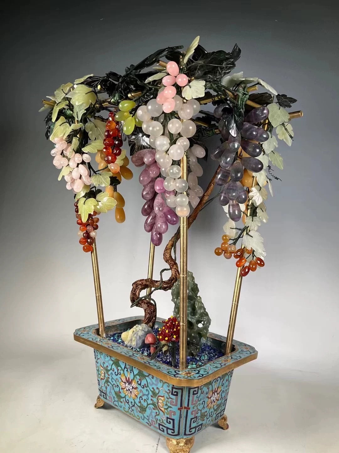 Vintage Palace Courtyard-Style Jingtailan (Cloisonné) Jade Grapevine Bonsai