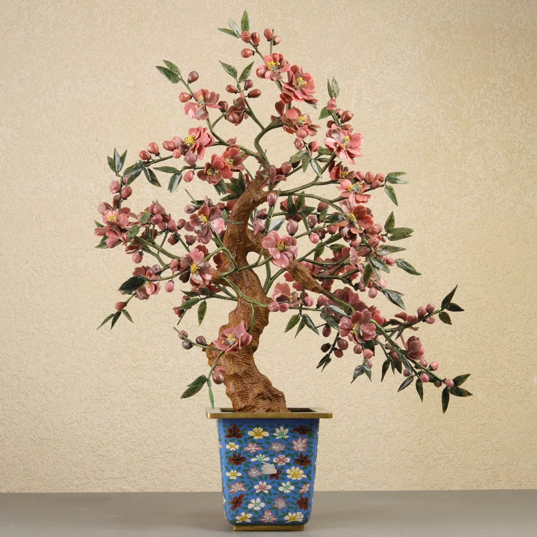 Vintage Jingtailan (Cloisonné) Jade Peach Blossom Bonsai