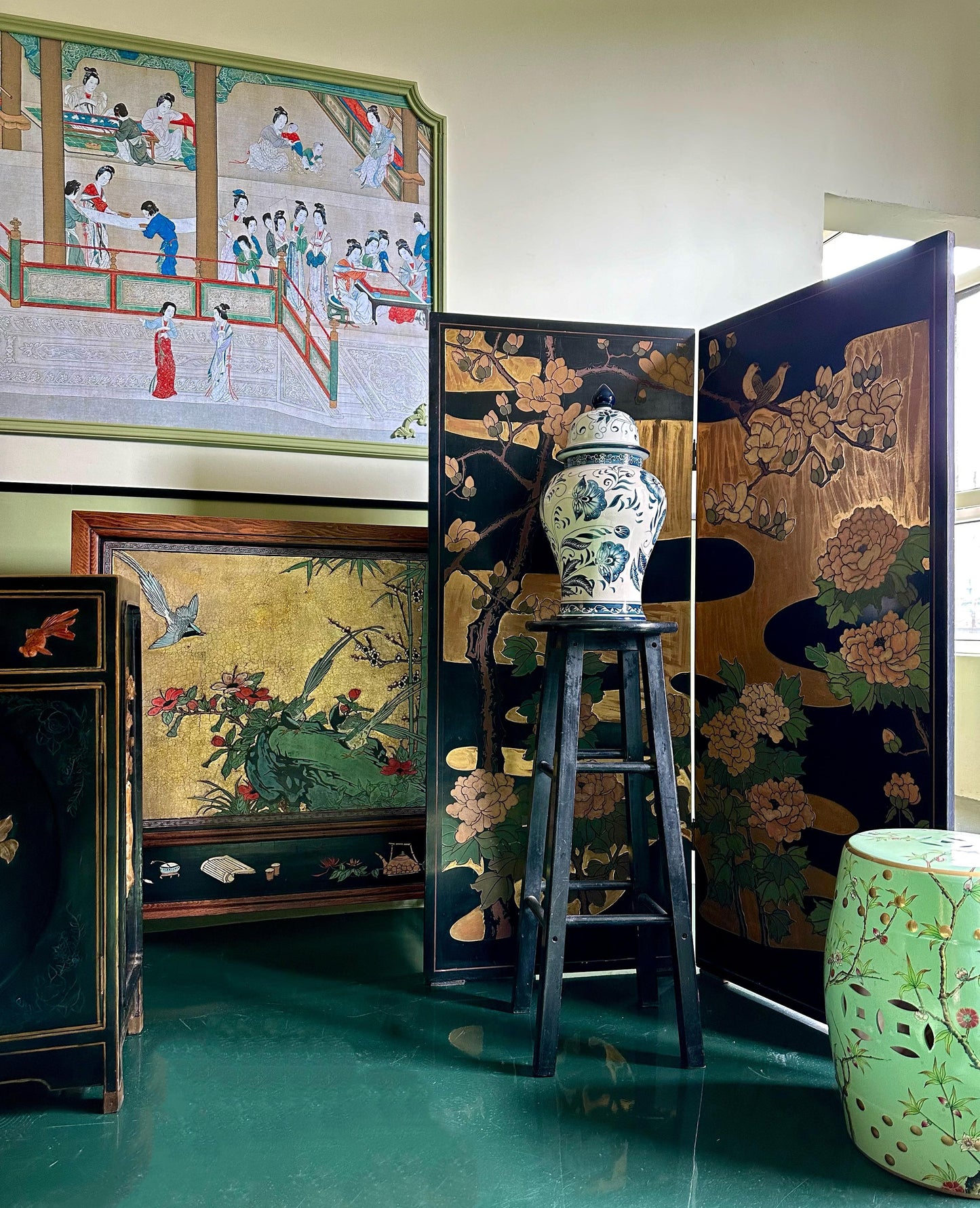 Gold Leaf Floral and Bird Painted Two-Panel Double-Sided Screen